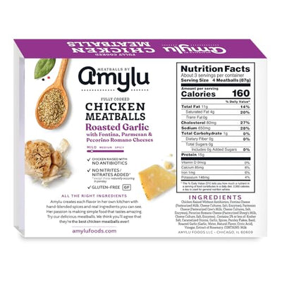 Amylu Foods Roasted Garlic Chicken Meatballs, Natural Ingredients, 15g of Protein, Chicken Raised with No Antibiotics, Fully Cooked, Gluten-Free, Pork-Free, No Nitrates or Nitrites, 10 oz