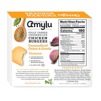 Amylu Foods Caramelized Onion & Gouda Chicken Burger, Natural Ingredients,18g of Protein, Chicken Raised with No Antibiotics, Fully Cooked, Gluten-Free, Pork-Free, No Nitrates or Nitrites, 8 oz