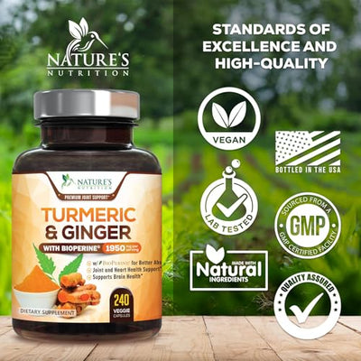 Turmeric Curcumin Supplement 1950mg - 95% Curcuminoids with Organic Turmeric & Ginger, BioPerine Black Pepper for Best Absorption, Nature's Vegan Joint Support, Non-GMO, Bottled in USA - 240 Capsules