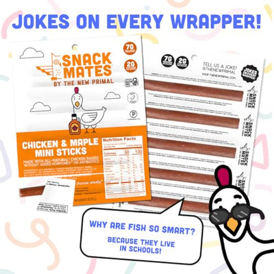 The New Primal Snack Mates Chicken & Maple Sticks, Gluten Free Healthy Snacks for Kids, Low Sugar High Protein Back to School Snacks, Mini Paleo Jerky Meat Stick, 5g Protein, 35 Calories, 15 Pack