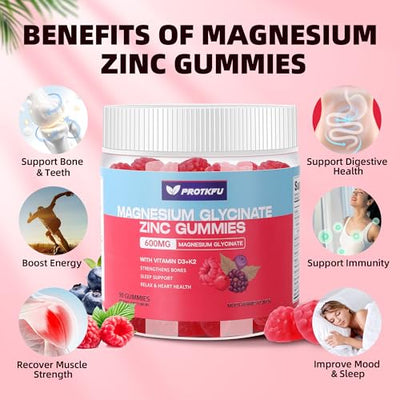 90 CT Magnesium Glycinate Gummies 600mg, Sugar Free Magnesium Gummies w/Zinc & Vitamin D3 & K2 - Magnesium Supplements for Sleep, Supports Bone Health, Nerve & Immune Function