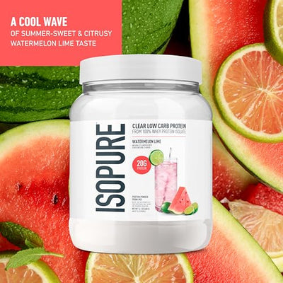 Isopure Clear Whey Isolate Protein Powder, Lactose Free, Gluten Free, Naturally Flavored, Watermelon Lime, 20g Protein Per Serving, 14.1 Oz, 16 Servings (Packaging May Vary)