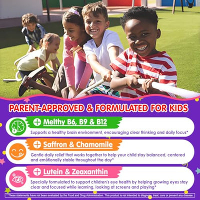 Kids Brain Gummies with Lion's Mane Mushroom, Methyl B6, B9, B12, Super Greens, Lutein, Brain Booster Supplement for Focus & Attention, Cognitive Function, Vision & Energy, Sugar Free, Vegan 60 Count