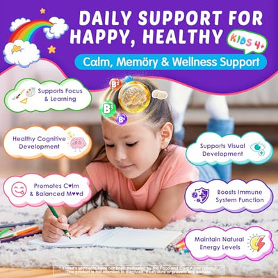 Kids Brain Gummies with Lion's Mane Mushroom, Methyl B6, B9, B12, Super Greens, Lutein, Brain Booster Supplement for Focus & Attention, Cognitive Function, Vision & Energy, Sugar Free, Vegan 60 Count