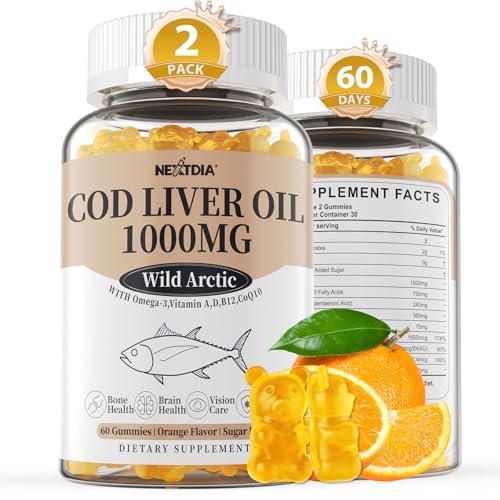 Cod Liver Oil 1000mg Gummies for Adults & Kids, with Vitamin A & D3 - Omega 3 Fish Oil Supplement - DHA 360mg & EPA 240mg for Brain, Bone, Eye & Immune Health, Sugar Free, 120 Count