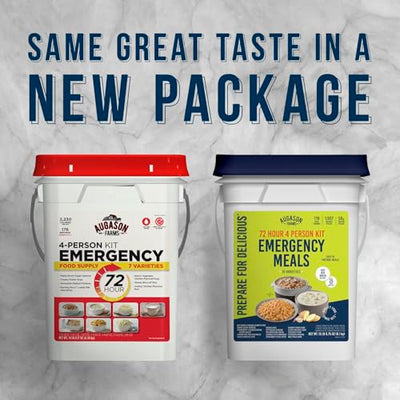 Augason Farms Four Person 72 Hour Emergency Food Supply, 119 Servings, 25 Year Shelf Life, Feeds 4 People - Survival Food Camping Essentials, Family Meals Prepared Dinner, Lunch, and Breakfast