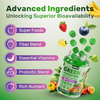 Super Greens Multivitamin Gummies, Daily Greens Superfood Gummies w/Spirulina, Chlorella, Multivitamins, Prebiotic Fiber, Adaptogens, Support Digestive & Gut Health, Immunity, Focus & Energy, 120Cts