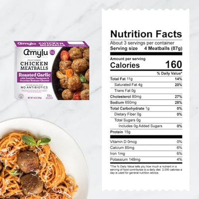 Amylu Foods Roasted Garlic Chicken Meatballs, Natural Ingredients, 15g of Protein, Chicken Raised with No Antibiotics, Fully Cooked, Gluten-Free, Pork-Free, No Nitrates or Nitrites, 10 oz
