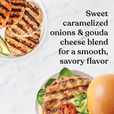 Amylu Foods Caramelized Onion & Gouda Chicken Burger, Natural Ingredients,18g of Protein, Chicken Raised with No Antibiotics, Fully Cooked, Gluten-Free, Pork-Free, No Nitrates or Nitrites, 8 oz