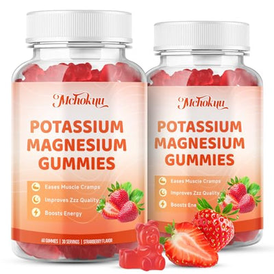 Potassium Magnesium Gummies, High Absorption Magnesium Glycinate, Magnesium Potassium Supplement with Vitamin B6 D3 B12 for Leg Cramps & Muscle Health, Sugar-Free Strawberry Flavor 60 Count