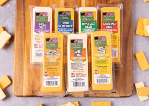 Wisconsin Cheese Company – 100% Wisconsin Specialty Cheese Block Sampler Gift Pack (7 Blocks) – Cheddar, Pepper Jack, Swiss, Gouda, Salami, Smoked Cheddar & Tomato Basil | Perfect for Parties, Charcuterie Boards, and Holiday Gifts