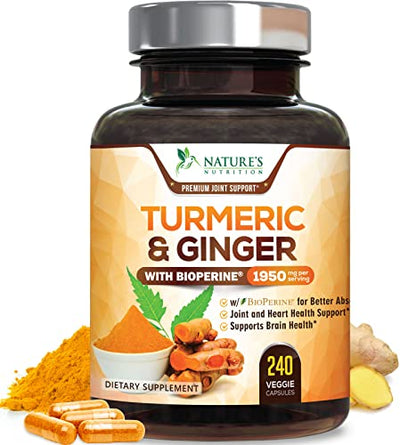 Turmeric Curcumin Supplement 1950mg - 95% Curcuminoids with Organic Turmeric & Ginger, BioPerine Black Pepper for Best Absorption, Nature's Vegan Joint Support, Non-GMO, Bottled in USA - 240 Capsules