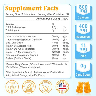 High Absorption Calcium Gummies, Sugar Free Calcium Magnesium Supplement with Potassium Vitamin D3 for Men and Women - Vegan, Orange Flavor 60 Cts