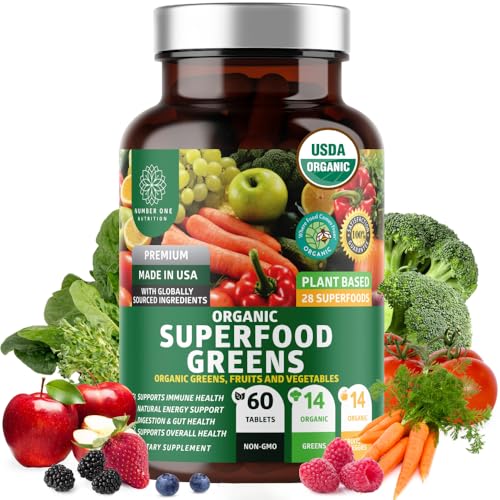 USDA Organic Superfood Greens [28 Powerful Ingredients] Natural Super Greens Capsules, Fruit and Veggie Supplement with Alfalfa, Beet Root and Ginger to Support Energy and Immunity, 60 Tablets