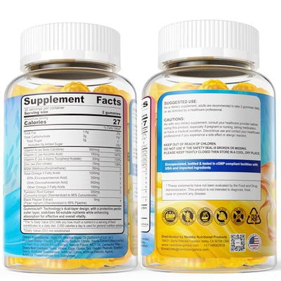 Vegan Omega-3 Gummies 1000mg + Turmeric - Omega 3 Fish Oil Alternative for Adults - Algae DHA 600mg & EPA 300mg, Vitamins A, C, E, Zinc & MSM, Sugar Free, 60 Cts