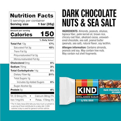 KIND ZERO Added Sugar Bars, Variety Pack, Dark Chocolate Nuts & Sea Salt, Caramel Almond & Sea Salt, Peanut Butter Dark Chocolate, Keto Friendly Snacks, Gluten Free, 5g Protein, 15 Count