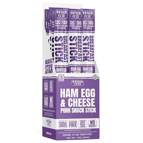 Wicked Cutz Ham Egg and Cheese Stick, 12g Protein Per Gluten Free Breakfast Stick, USA Made High Protein Carnivore Snacks, Breakfast Meat Sticks (12 Sticks)