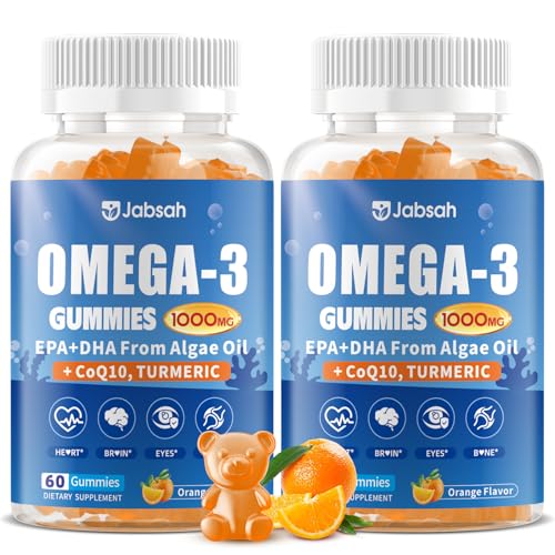 Vegan Omega-3 Gummies 1000mg from Algae Oil (DHA 460mg & EPA 230mg), Omega 3 Fish Oil Alternative for Adults, Plus Turmeric & CoQ10 for Brain, Eye & Immune Health, No Fishy Taste, Sugar Free, 120 Cts