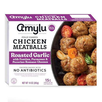 Amylu Foods Roasted Garlic Chicken Meatballs, Natural Ingredients, 15g of Protein, Chicken Raised with No Antibiotics, Fully Cooked, Gluten-Free, Pork-Free, No Nitrates or Nitrites, 10 oz