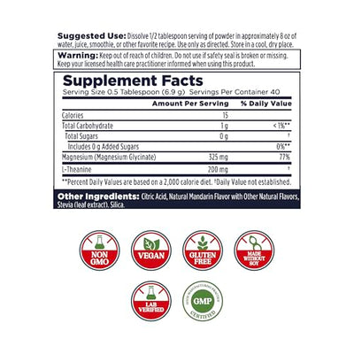 KAL Mood Magnesium Powder with L-Theanine - Mandarin Flavor Magnesium Supplement - Relaxation Support, High Absorption, No Added Sugar, Vegan, Gluten Free, Made Without Soy - 40 Servings, 9.8 oz