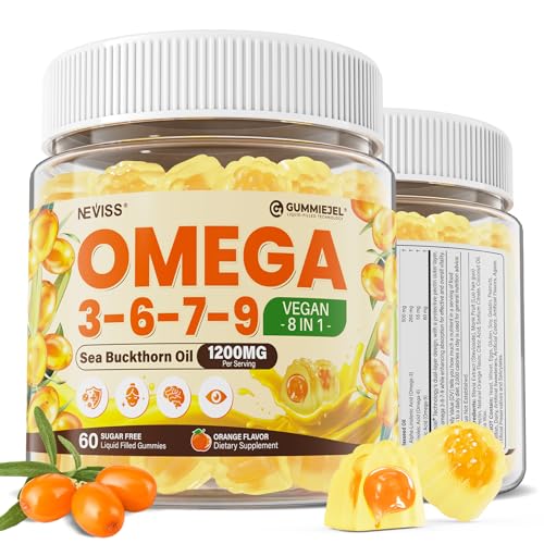 Omega 3-6-7-9 Gummies, Organic Sea Buckthorn Oil 1200MG & Flaxseed Oil 500MG, Vegan Omega 7 Supplement w/Vitamin A, C, E, Fatty Acids, No Fish Taste, Supports Skin, Eye, Immune, Brain Health, 60 Cts