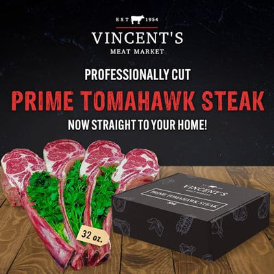 Vincent's Meat Market - Prime Tomahawk Steak Package, Juicy Ribeye Beef with Bone-In, Gourmet, Hand Cut and Trimmed, Restaurant Quality, Perfect for Grilling, Roasting, Premium Value, Rich Flavor, Butcher's Selection - 32 oz