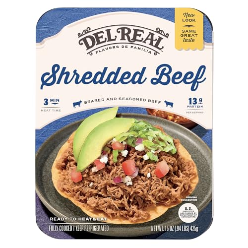 Del Real Foods Shredded Beef – Authentic Carne Deshebrada, 100% USDA Choice, Fully Cooked, Ready in Minutes, Gluten-Free, 15 oz, Great for Tacos, Enchiladas & Burritos