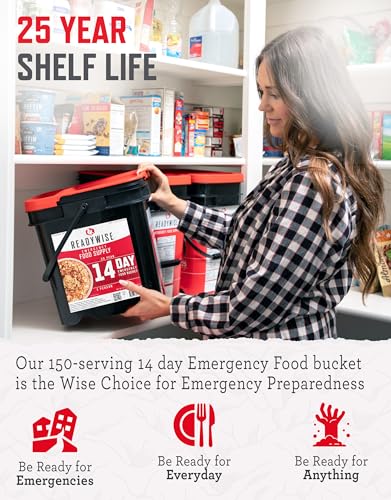 ReadyWise Emergency Food Supply - 14 Day, 150 Servings Emergency Freeze Dried Food Bucket, Protein Meals, Camping Essentials, Survival Kit, Disaster Prepping Supplies, up to 25 Year Shelf Life