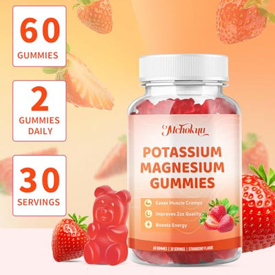 Potassium Magnesium Gummies, High Absorption Magnesium Glycinate, Magnesium Potassium Supplement with Vitamin B6 D3 B12 for Leg Cramps & Muscle Health, Sugar-Free Strawberry Flavor 60 Count