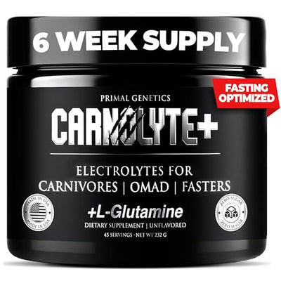 PRIMAL GENETICS CARNOLYTE+ Carnivore Electrolytes Powder Unflavored – Fasting Salts - Cellular Hydration, Gut Support & Muscle Preservation – Zero Sugar, Carb Free Keto Electrolytes – 45 Day Supply