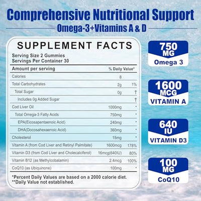 Cod Liver Oil 1000mg Gummies for Adults & Kids, with Vitamin A & D3 - Omega 3 Fish Oil Supplement - DHA 360mg & EPA 240mg for Brain, Bone, Eye & Immune Health, Sugar Free, 120 Count