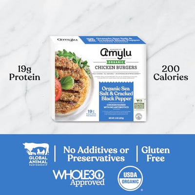 Amylu Foods Organic Sea Salt & Cracked Black Pepper Chicken Burger, Natural Ingredients,19g of Protein, Chicken Raised with No Antibiotics, Fully Cooked, Dairy-Free, Gluten-Free, Pork-Free, Whole30, No Nitrates or Nitrites, 8 oz