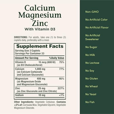Nature's Bounty Calcium Magnesium & Zinc Caplets, Immune & Bone Health, Daily Supplement, 1000mg Calcium, 400mg Magnesium, 600 IU Vitamin D, Gluten Free, 100 Caplets