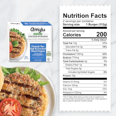 Amylu Foods Organic Sea Salt & Cracked Black Pepper Chicken Burger, Natural Ingredients,19g of Protein, Chicken Raised with No Antibiotics, Fully Cooked, Dairy-Free, Gluten-Free, Pork-Free, Whole30, No Nitrates or Nitrites, 8 oz