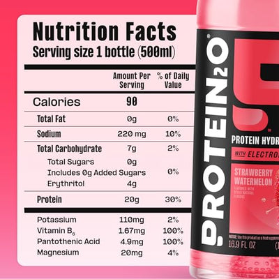 Protein2o Hydration Drink - 2-in-1 Liquid Clear Whey Protein Isolate and Electrolyte Drink - 20g Protein, Vitamins B5, B6 - Post-Workout Recovery - 16.9 Fl Oz - 12 Count Strawberry Watermelon