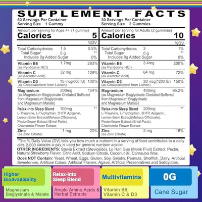 Magnesium Glycinate Gummies for Adults & Kids 4+, Sugar Free Magnesium Bisglycinate Supplement 400/200mg with B6D3, 5HTP, L-Theanine for Sleep & Relaxation, Brain, Muscle, Melatonin Free Gummies,1Pack