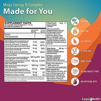 LIQUIDHEALTH Mega Energy Methylated B-Complex, Adult Liquid Vitamin Supplement - Increase Energy, Relieve Stress & Fatigue, Immune Support, Heart & Gut Health - Made in USA, Vegan, Sugar-Free (32 oz)