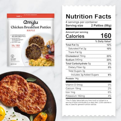 Amylu Foods Chicken Sausage Breakfast Patties, Maple, Natural Ingredients, 14g of Protein, GAP Chicken Raised with No Antibiotics, Fully Cooked, Gluten-Free, Pork-Free, No Nitrates or Nitrites, 12 oz