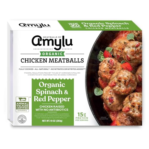 Amylu Foods Organic Spinach & Red Pepper Chicken Meatballs, Natural Ingredients, 15g of Protein, Chicken Raised with No Antibiotics, Fully Cooked, Dairy-Free, Gluten-Free, Pork-Free, No Nitrates or Nitrites, 10 oz