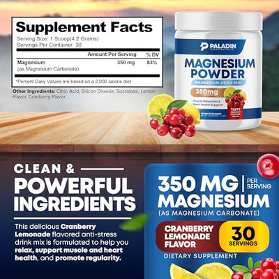 Paladin Nutraceuticals Magnesium Powder - Anti-Stress Drink Mix for Calm & Regularity - Magnesium Citrate Supplement - Relaxation, Muscle & Heart Support - Cranberry Lemonade Flavor - 30 Servings