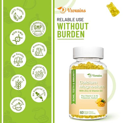 High Absorption Calcium Gummies, Calcium Magnesium Zinc with Magnesium Glycinate, Potassium, Vitamin D3 for Women & Men- Mango Flavor 60 Cts