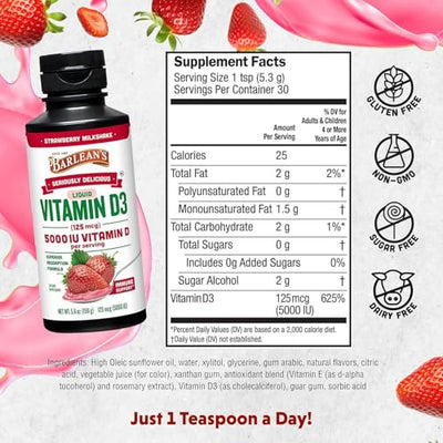 Barlean's Pack of 2 Vitamin D3 Liquid Supplement for Kids and Adults, 5000 IU Vitamin D, Strawberry Milkshake, Non-GMO, Gluten and Dairy Free, 5.6 oz Each