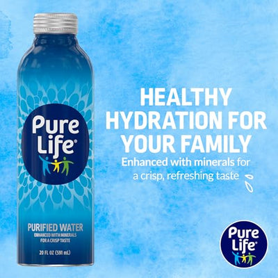 Pure Life Purified Bottled Water, 18-Pack - Still Bottled Drinking Water Enhanced with Minerals for a Crisp Taste, Aluminum Bottles - 20 fl oz