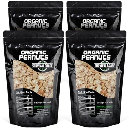 Survival Grocery® Organic Dry Roasted Peanuts - Protein Rich, Non-GMO, Gluten-free, Vegan-friendly, Low Carb Snack, Packed With Essential Vitamins & Minerals, Heart Healthy, Fiber-filled (96 oz./4 Bags)