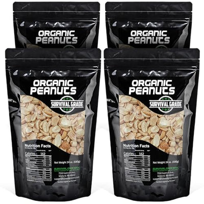 Survival Grocery® Organic Dry Roasted Peanuts - Protein Rich, Non-GMO, Gluten-free, Vegan-friendly, Low Carb Snack, Packed With Essential Vitamins & Minerals, Heart Healthy, Fiber-filled (96 oz./4 Bags)