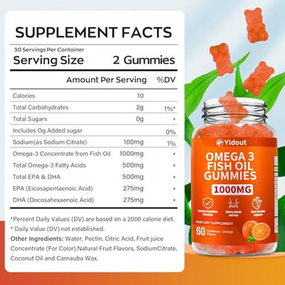 Yidout Omega 3 Fish Oil Gummies, Delicious Orange Flavor Fish Oil Gummy Supplements for Joint, Heart Health, & Brain Support (60 Count（Pack of 2）)