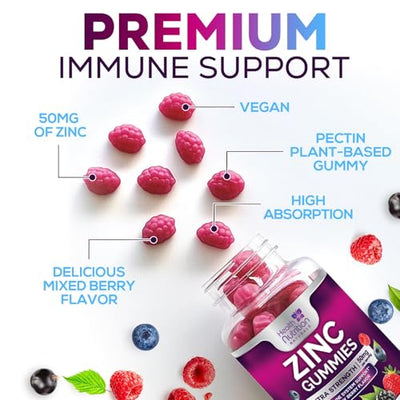 Zinc Gummies 50mg - Extra Strength Skin Health & Immune Support Gummy, Vegan, Non-GMO & Gluten Free - Best Zinc Supplement Antioxidant Heart & Bone Health Chewable Tasty Berry Flavor - 60 Gummies