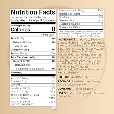 Sport Electrolytes Powder No Sugar, 500g (52 Servings) | Electrolyte Hydration Drink Mix with Sodium, Potassium, Magnesium, L-Glutamine, Beta Alanine, & Coconut Water – Tropical Pineapple Flavor