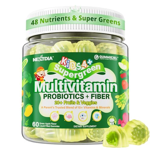 Kids Multivitamin Gummies, 20+ Super Greens Fruit and Veggies Supplement Superfood Daily Gummies with Probiotics for Kids Gummy Vitamins & Minerals for Tummy & Immune Support -Vegan, Sugar Free, 60Cts