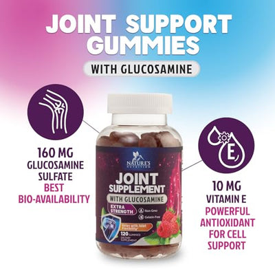 Joint Support Gummies - Glucosamine Plus Vitamin E Nature's Joint Support Supplement for Occasional Discomfort for Back, Knees & Hands - Cartilage & Joint Health & Flexibility Support - 120 Gummies